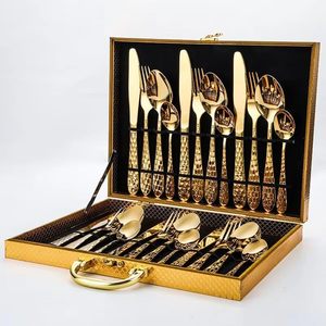 24pcs Thiết kế cổ điển Thép không gỉ thiết lập dao kéo 24pcs Flatware dao dĩa thìa vàng bạc cho đám cưới - Product Image 1