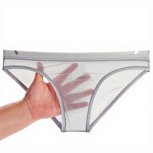 Slip da <span class=keywords><strong>Uomo</strong></span> Ultra Sottile Trasparente in Rete Lavorata a Maglia a Vita Bassa, Lingerie Intima Sexy con Logo in Tessuto Gauze - Product Image 3