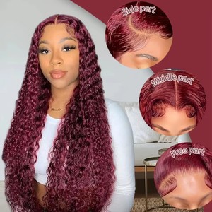 Perruque en cheveux humains vierges brésiliens à ondulation profonde en gros, 13x4, 99J bordeaux, dentelle suisse transparente HD, frontal pour femmes noires - Product Image 3