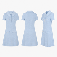 Robe en tricot côtelé bleu clair pour femme, col polo, manches courtes, longueur genou, commande personnalisée OEM