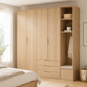 <span class=keywords><strong>Armadio</strong></span> Moderno Scandinavo in Legno <span class=keywords><strong>con</strong></span> <span class=keywords><strong>Ripiani</strong></span> Aperti e Cassetti, Design Personalizzato per Camera da Letto - Product Image 1