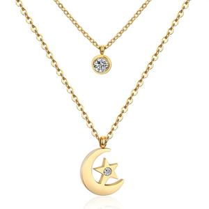 <b>China</b> Fashion Stainless Steel Double Chain Zircon Wholesale Price Moon Star 24K Gold Silver Plated Jewelry Necklace - Product Image 2