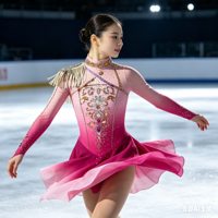 Costume de patinage artistique rose et magenta dégradé, robe en maille à manches longues avec strass pour filles adultes, compétition et performance