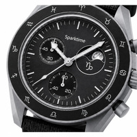 Montre Sport Chronographe à Quartz en Céramique, Phase de Lune, Écologique, Légère, 42mm, Étanche 3ATM, Bracelet Caoutchouc 22mm, Design Zodiaque