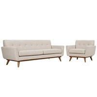 Mid-Century Modern Sofa- und Sessel-Set Beige Leinen Gepolsterte Rückenlehne 3-Sitzer-Couch mit Walnussholzbeinen Wohnzimmer