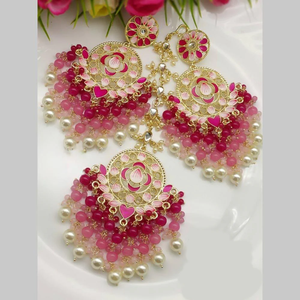 Designer Fine Gold Plated Kundan Meenakari Earrings with Beads and Maangtikka Bridal Jewelry Set - Product Image 2