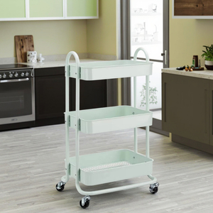 Estante de almacenamiento de 3 niveles de acero al carbono ligero verde menta, Mango en forma de U, organización del desorden doméstico, carro de almacenamiento móvil - Product Image 6