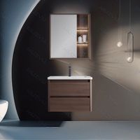 Meuble de salle de bain en bois massif au design moderne, résistant à l'eau, idéal pour hôtel, appartement, école, avec vasque en céramique intégrée