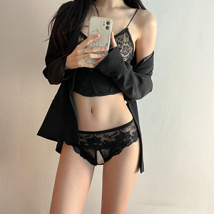 Ding Zhi Mei String sexy en dentelle pour femme, taille haute, sans entrejambe, noir, grande taille, lingerie intime - Product Image 2