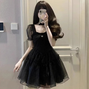 French Style Black Puff Sleeve U Neck Summer Dress With Sheer Layer Mini Skirt For Petite Figures Daily Wear - Product Image 3