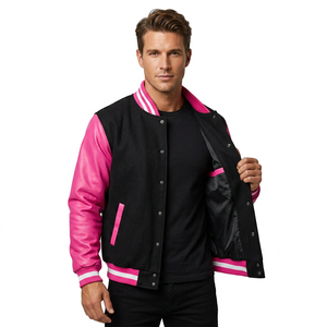 Custom Men's Leather Varsity Jacket Two Tone Bomber Style Stand Collar Button Front Embroidered Logo Loose Fit Winter Outerwear - Product Image 1
