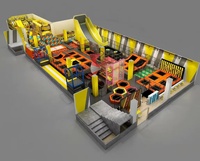 Équipement de parc de trampolines intérieur à prix d'usine, thème jaune, avec méga toboggan, escalade en spirale, trampolines hexagonales et mur d'agilité