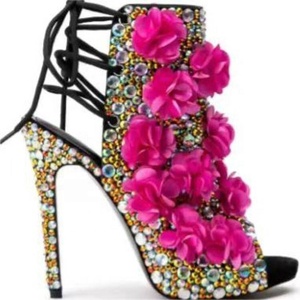 Luxury Colorful Diamonds Women Back Lace up Shoes Flowers Peep Toe High Heel Sandals Dress Stiletto Party <b>Pumps</b> - Product Image 4