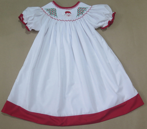 Girls Hand Smocked White <b>Christmas</b> <b>Dress</b> Santa Claus Tree Embroidery Puff Sleeve Red Trim Toddler Holiday Clothes - Product Image 5