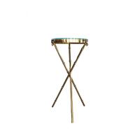 Table d'appoint haute en acier inoxydable doré avec plateau en verre et pieds en bambou