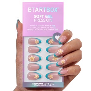 Uñas postizas 3D con diseño floral, de gel suave, hechas a mano, con punta francesa azul, de primera calidad, a presión, al por mayor. - Product Image 1