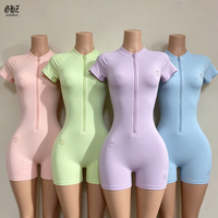Fabricants de vêtements Y2K – Combinaison moulante côtelée unie pour femme avec fermeture éclair, manches courtes, coupe ajustée, extensible, une pièce, courte