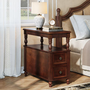 Table de chevet en bois massif avec 2 tiroirs, table de chevet moderne du milieu du siècle avec étagère ouverte, table de chevet vintage pour chambre à coucher - Product Image 4