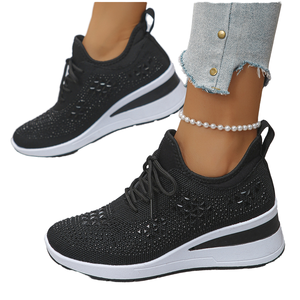 Zapatos para caminar de punto transpirables para mujer, zapatillas informales con cordones y tacón plano, calzado cómodo de verano - Product Image 1
