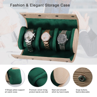Kotak Jam Tangan Kulit PU 3 Slot Custom, Tempat Jam Tangan Portabel, Organizer Jam Tangan Gulung, Lapisan Suede Hijau, Penutup Kancing, Hadiah