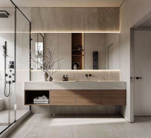 Mueble de Baño Flotante Moderno Vermonhouzz con Encimera de Madera de Roble Integrada <span class=keywords><strong>para</strong></span> 4-6 Personas ㎡   <span class=keywords><strong>Muebles</strong></span> de Baño de Alta Gama <span class=keywords><strong>para</strong></span> Uso Comercial - Product Image 1