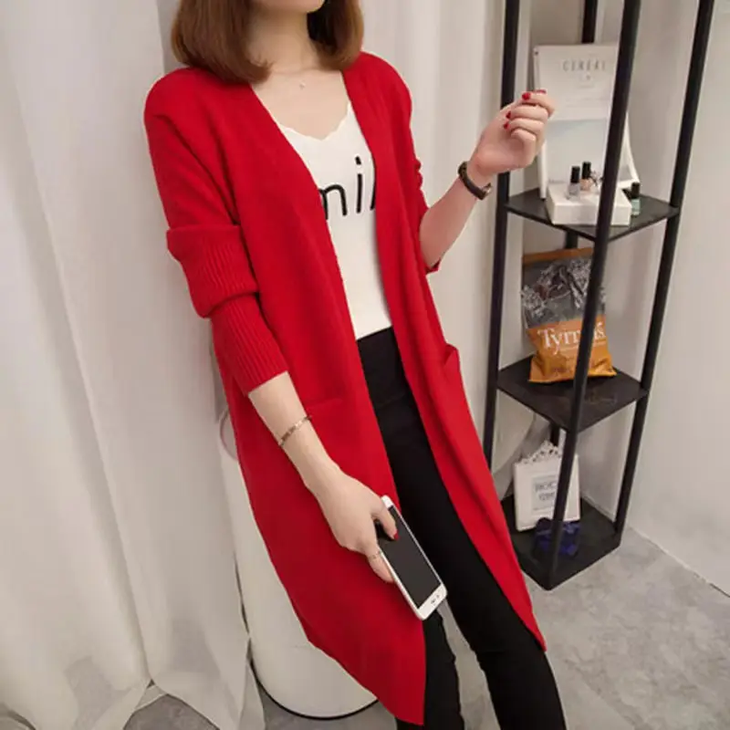 2023 cárdigan de punto medio largo de color sólido con cuello en V abrigo suelto y desabotonado suéter con rosca de manga surcoreana para mujer