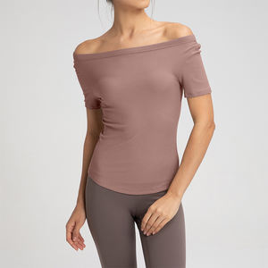 XW-DA110 élégant <span class=keywords><strong>bateau</strong></span> décolleté ourlet arrondi dames en plein air Gymwear côtelé à manches courtes haut court respirant Sport chemise femmes - Product Image 4