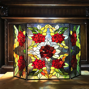 Church Stained Glass Fireplace <b>Screen</b> 3 Panels Red Rose Pattern European Style Decorative Glass Living Room Freestanding - Product Image 3