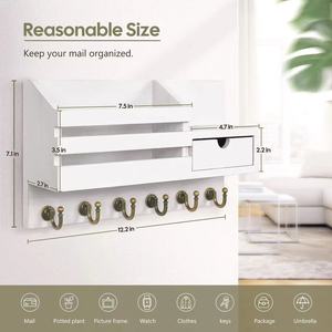 <b>Wall</b> <b>Mounted</b> Key Rack Wooden Storage <b>Shelf</b> With Hooks For Entryway Organization Multifunctional Mail Holder - Product Image 2