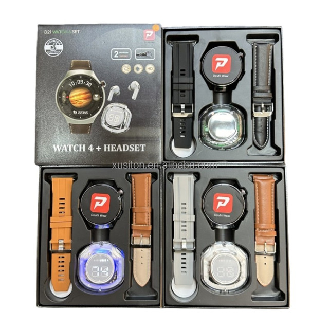OEM 2024 D21 Women Relojes Smart Watch 4 Headphone 2 in 1 Set 2 Strap 1.52" BT Call Heart Rate Sport Smart Watch with Earbuds