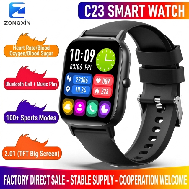 New C23 Smart Watch 2.01 HD Large Screen Sports Fashion  Watch Step Meter Heart Rate Blood Glucose Monitoring