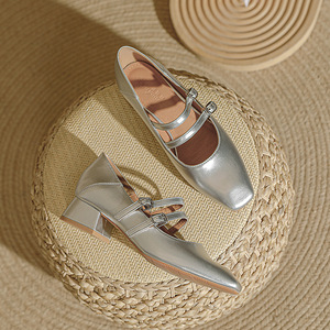 รองเท้าสตรีแบบแมรี่เจนสไตล์ฝรั่งเศส หัวเหลี่ยม ส้นเตี้ย สายรัดเส้นเดียว รองเท้าส้นสูงแบบเรโทร หัวแบน - Product Image 2