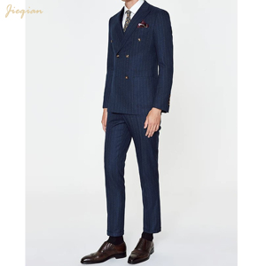 Elegante Completo da Uomo a Righe, Set 3 Pezzi in Tessuto Elasticizzato TR, Lavabile in Lavatrice, Vestibilità Slim, per Affari e Matrimoni, Personalizzabile OEM ODM, <span class=keywords><strong>Blu</strong></span> Navy - Product Image 2