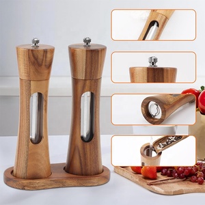 Moulins à épices manuels rechargeables de 8 pouces avec fenêtre à vue dégagée Ensemble de moulins écologiques en bois d'acacia avec base - Product Image 5