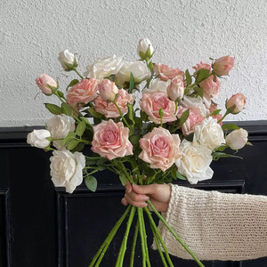 <b>Artificial</b> Silk <b>Roses</b> <b>Rose</b> Pink Multi Headed Burnt Edge Wedding Decor High Simulation Single Branch Reusable - Product Image 3