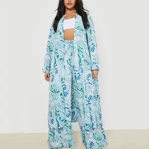 Vêtements de plage de printemps personnalisés, tenues deux pièces à impression numérique, ensembles kimono palangre et pantalon à jambes larges imprimés de grande taille