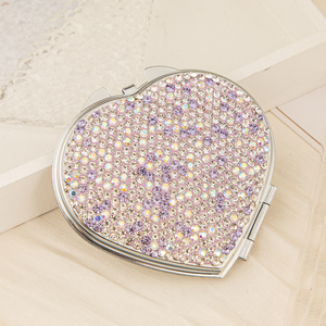 Crystal Rhinestone Heart Shaped Compact Mirror Dual Sided HD Glass <b>Silver</b> Metal Folding Pocket <b>Makeup</b> Mirror Bulk Wholesale - Product Image 3