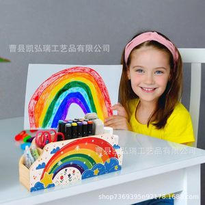 Creative wooden <b>pen</b> holder storage <b>box</b> for elementary school students, desktop ornament, desk decoration, rainbow <b>pen</b> holder - Product Image 1