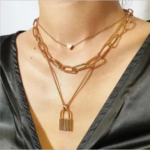 2020 New Vintage Multi Layer Love Heart Choker Necklace Collar Statement Alloy Lock Pendant Long Chain Necklace Women Jewelry