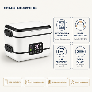 Boîte à <span class=keywords><strong>lunch</strong></span> <span class=keywords><strong>chauffante</strong></span> sans fil rechargeable 1,5 L en acier inoxydable 304, chauffage rapide 100 ° C 24H Type C Chaud PD45W pour Pique-nique en Extérieur - Product Image 2