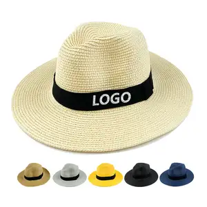 Custom Logo Fedora Hat Summer Fishing Beach Sun Hats Womens Mens Wide Brim Panama Straw Hats
