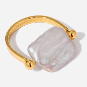 Anillo de Perlas, Chapado en Oro de 18K, Acero Inoxidable, Geométrico, Cuadrado, Perla de Agua Dulce, Engaste en Bisel, Joyería para Uso Diario de Mujer - Product Image 1