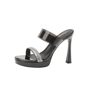 Sandales à talons hauts respirantes à talon épais, style élégant d'été, nouvelle collection, style français, plateforme à strass, à brides - Product Image 1