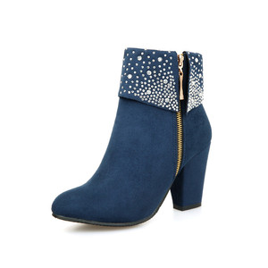 Botines de moda con punta redonda, cremallera lateral, adornos de brillantina y pedrería, puño plegable, de gamuza, para otoño e invierno, uso diario, zapatos para mujer. - Product Image 4