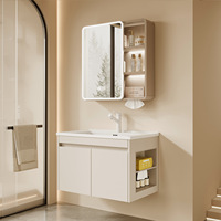 Armoire de salle de bain élégante en aluminium blanc crème à double porte, avec miroir, étagère ouverte, anti-traces de doigts, toucher agréable, pour hôtel