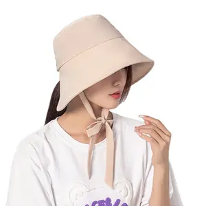Bereit zu versenden neue Mode schick 5 Farben Frauen Baumwolle breite Krempe koreanischen Hut Eimer Sonne Hut Motorhaube mit Band