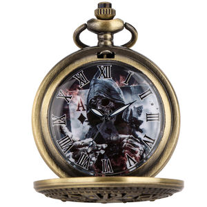 Reloj de Bolsillo con Cadena y Colgante Antiguo de Cuarzo con Caja de Metal Bronce con Diseño de Póker y Esfera con Diseño de Muerte - Product Image 2