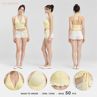 Haut court jaune pour femme, style licou, taille froncée, ourlet à volants, à nouer, pour la plage et les vacances d'été, personnalisable OEM, marque privée