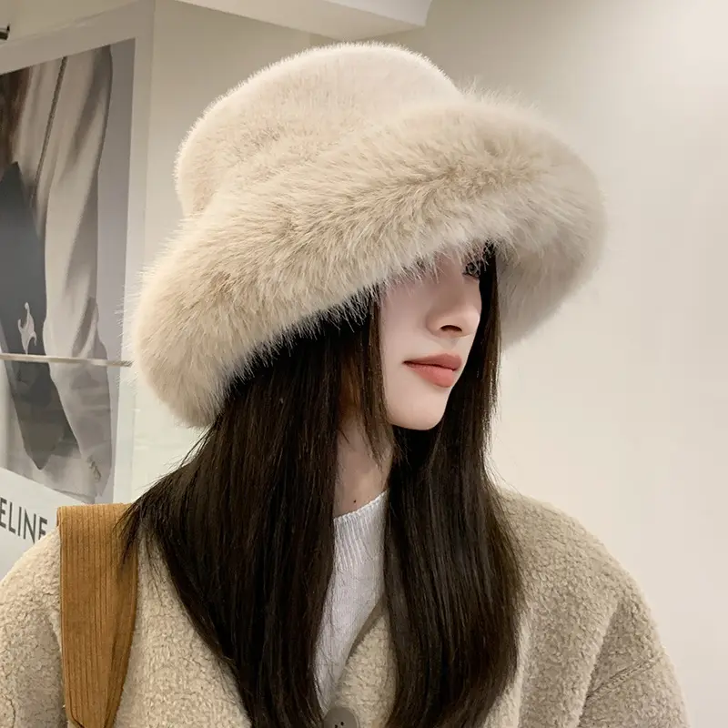 หมวกทรงถังขนกระต่ายสำหรับผู้หญิงหมวกปีกสีขาวขนยาวสีสันสดใสสำหรับฤดูหนาวฤดูใบไม้ร่วง