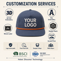 Casquette de baseball ajustable personnalisée bleu ardoise avec cordon tressé, broderie 3D orange, 5 panneaux, vente en gros OEM, faible MOQ